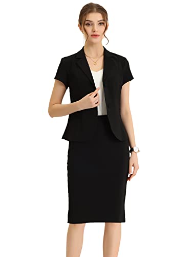Allegra K Damen Kurzarm Elegant Business Kostüm Blazer Bleistiftrock 2-Teiliges Anzug-Set Schwarz M von Allegra K