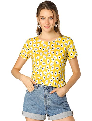 Allegra K Damen Kurzarm Crew Neck Blumen Top Tshirt Gelb L von Allegra K