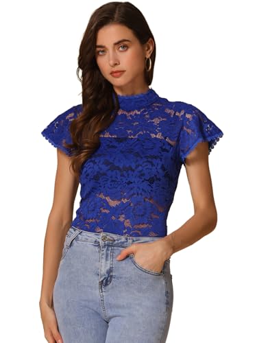 Allegra K Damen Kurzarm Dirndl Trachtenbluse Stehkragen Mesh Durchsichtig Elegant Spitze Oberteil Blau M von Allegra K