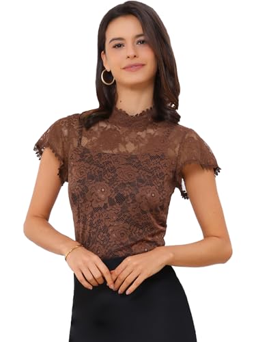 Allegra K Damen Kurzarm Dirndl Trachtenbluse Stehkragen Mesh Durchsichtig Elegant Spitze Oberteil Braun L von Allegra K