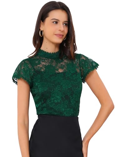 Allegra K Damen Kurzarm Dirndl Trachtenbluse Stehkragen Mesh Durchsichtig Elegant Spitze Oberteil Dunkelgrün S von Allegra K