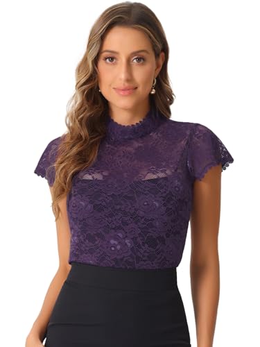 Allegra K Damen Kurzarm Dirndl Trachtenbluse Stehkragen Mesh Durchsichtig Elegant Spitze Oberteil Dunkelviolett M von Allegra K