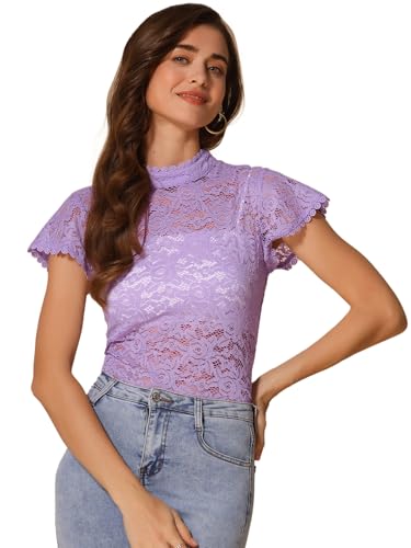 Allegra K Damen Kurzarm Dirndl Trachtenbluse Stehkragen Mesh Durchsichtig Elegant Spitze Oberteil Lila XL von Allegra K