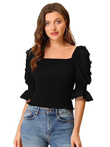 Allegra K Damen Oberteil Puffärmel Eckigem Ausschnitt Elegant Crop Shirt Rüschen Top Bluse Schwarz M von Allegra K