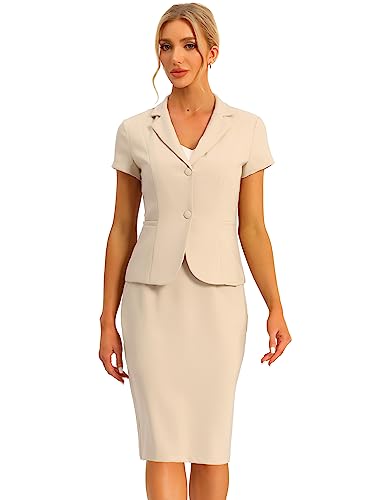 Allegra K Damen Kurzarm Elegant Business Kostüm Blazer Bleistiftrock 2-Teiliges Anzug-Set Aprikose M von Allegra K