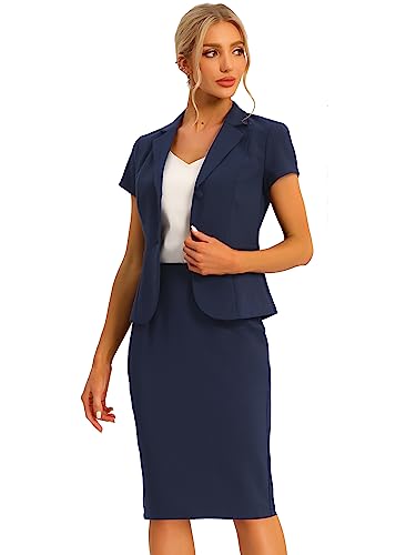 Allegra K Damen Kurzarm Elegant Business Kostüm Blazer Bleistiftrock 2-Teiliges Anzug-Set Dunkelblau XXL von Allegra K