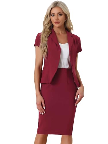 Allegra K Damen Kurzarm Elegant Business Kostüm Blazer Bleistiftrock 2-Teiliges Anzug-Set Dunkelrot 3XL von Allegra K