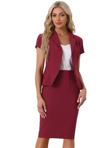 Allegra K Damen Kurzarm Elegant Business Kostüm Blazer Bleistiftrock 2-Teiliges Anzug-Set Dunkelrot XXL von Allegra K