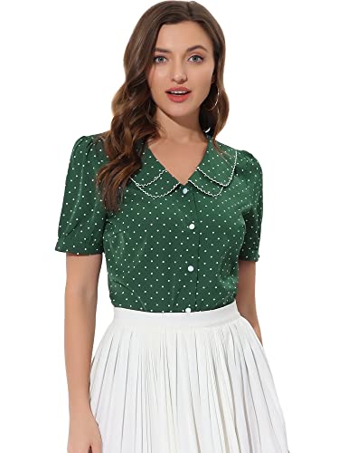 Allegra K Damen Oberteil Puffärmel Bubikragen Elegant Vintage Punktet Shirt Polka Dots Bluse Grün S von Allegra K