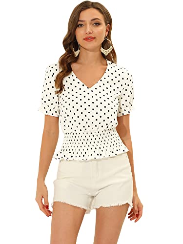 Allegra K Damen Kurzarm Gesmokte Taille Rüschen Punkte Puffärmel Crop Top Bluse Beige M von Allegra K