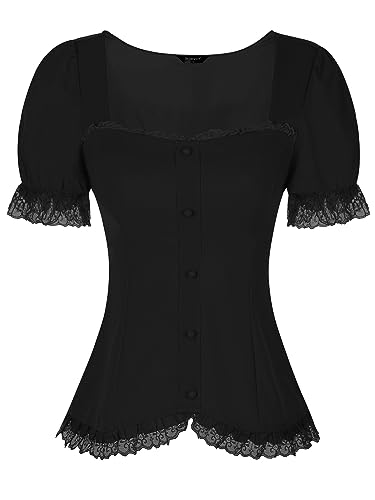 Allegra K Damen Spitze Gothic Bluse Kurzarm Herzförmiger Ausschnitt Rüschen Puffärmel Oberteil Schwarz S von Allegra K