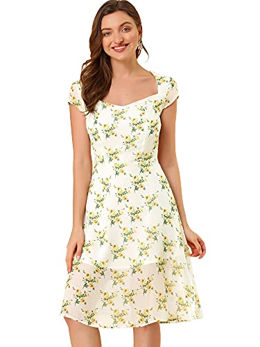 Allegra K Damen Kurzarm Herzhals Lace Up Rüschen Blumen Midikleid Kleid Weiß S von Allegra K