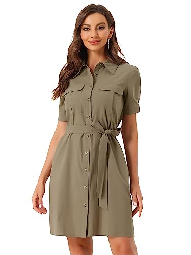 Allegra K Damen Kurzarm Knopfleiste Taschen Bindegürtel Shirtkleid Kleid Camel M von Allegra K