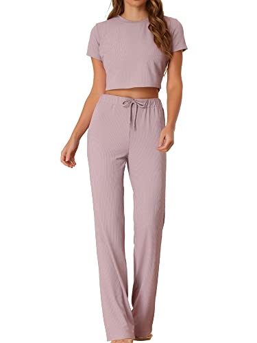 Allegra K Damen Kurzarm Lounge Set Figurbetont Gerippt Strick Crop Top Lockere Hose mit Weitem Bein Lässig Outfits Sweatsuit Altrosa L von Allegra K