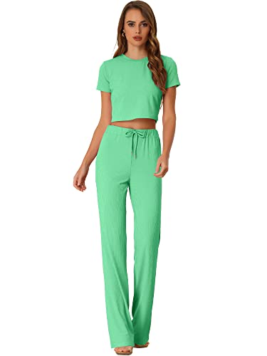 Allegra K Damen Kurzarm Lounge Set Figurbetont Gerippt Strick Crop Top Lockere Hose mit Weitem Bein Lässig Outfits Sweatsuit Grün XS von Allegra K