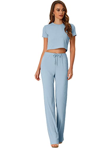 Allegra K Damen Kurzarm Lounge Set Figurbetont Gerippt Strick Crop Top Lockere Hose mit Weitem Bein Lässig Outfits Sweatsuit Hellblau XS von Allegra K