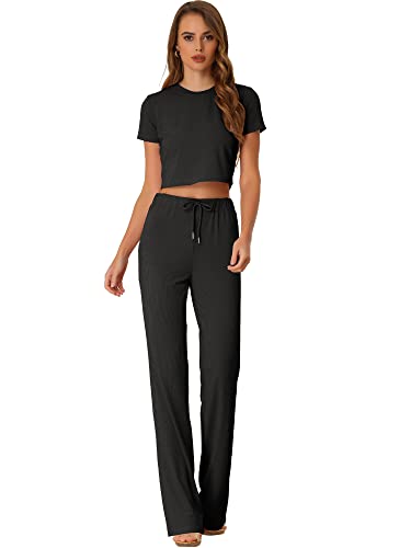 Allegra K Damen Kurzarm Lounge Set Figurbetont Gerippt Strick Crop Top Lockere Hose mit Weitem Bein Lässig Outfits Sweatsuit Schwarz L von Allegra K