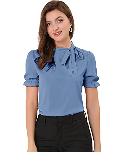 Allegra K Damen Elegant Bluse Kurzarm Panel Fliege Hals Rüschen Einfarbig Top Blau S von Allegra K