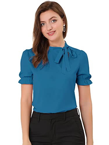 Allegra K Damen Schluppenbluse Festlich Bluse Kurzarm Panel Fliege Hals Rüschen Elegant Top Pfauenblau XS von Allegra K