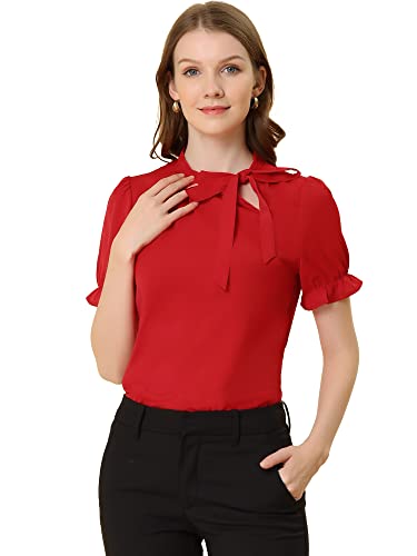 Allegra K Damen Elegant Bluse Kurzarm Panel Fliege Hals Rüschen Einfarbig Top Rot L von Allegra K