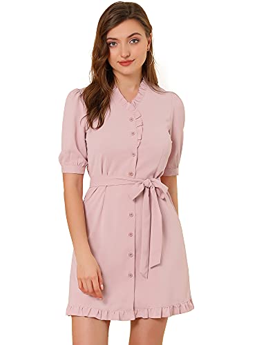 Allegra K Damen V-Ausschnitt Knöpfen Puffärmel Rüschen Bindegürtel Hemdkleid Kleid Rosa XS von Allegra K