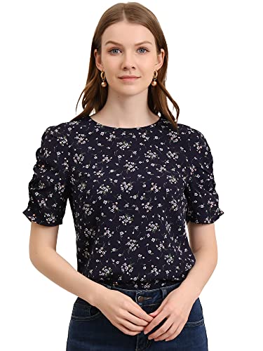 Allegra K Damen Kurzarm Rundhals Oberteil Floral Blumen Elegant Sommer Bluse Marineblau S von Allegra K