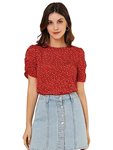 Allegra K Damen Kurzarm Rundhals Oberteil Floral Blumen Elegant Sommer Bluse Rot M von Allegra K