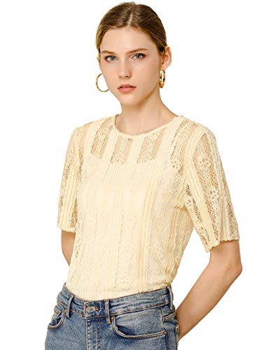 Allegra K Damen Kurzarm Rundhals Durchsichtig Spitze Top Bluse Beige XL von Allegra K