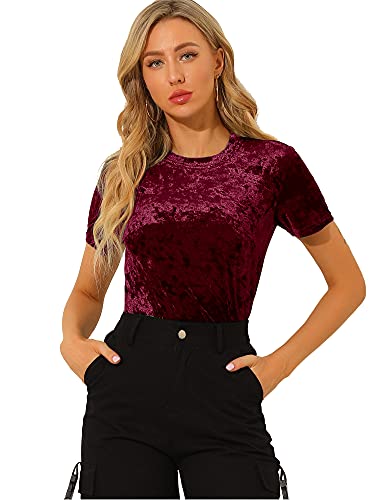 Allegra K Damen Samt T-Shirt Party Velvet Shirt Kurzarm Rundhals Elegant Samt Bluse Oberteil Burgund M von Allegra K