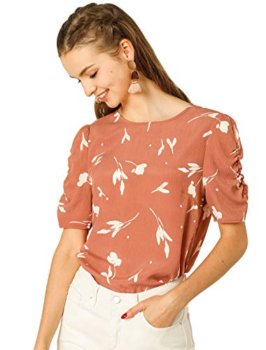 Allegra K Damen Kurzarm Rundhals Oberteil Floral Blumen Elegant Sommer Bluse Koralle XL von Allegra K