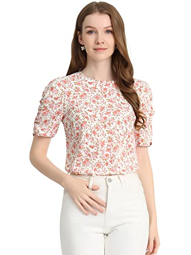 Allegra K Damen Summer Kurzarm Rundhals Blumen Shirt Floral Oberteil Bluse Weiß Rosa XS von Allegra K