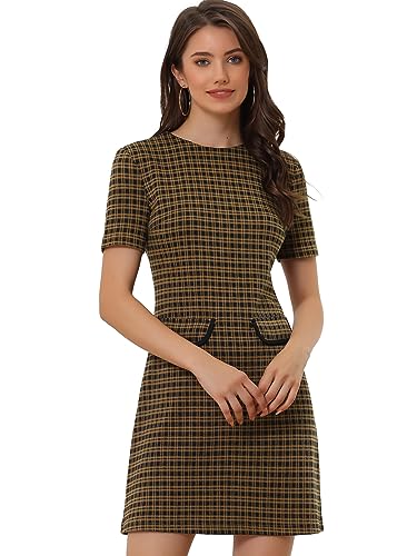 Allegra K Damen Kurzarm Rundhals Kariert Vintage Business Etuikleid Minikleid Kleid Braun L von Allegra K