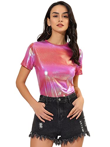 Allegra K Damen Sexy Metallic Party Top Outfit Festival Glitzer Kurzarm Rundhals T-Shirt Oberteil Bluse Rosa S von Allegra K