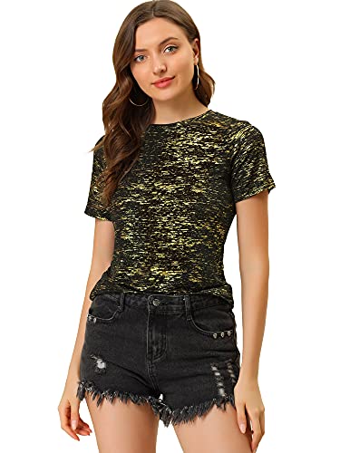 Allegra K Damen Sexy Metallic Party Top Outfit Festival Glitzer Kurzarm Rundhals T-Shirt Oberteil Bluse Schwarzes Gold S von Allegra K