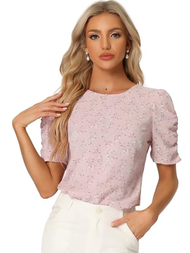 Allegra K Damen Kurzarm Rundhals Oberteil Floral Blumen Elegant Sommer Bluse Rosa Blumen M von Allegra K