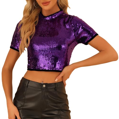 Allegra K Damen Kurzarm Rundhals Party Club Bauchfrei Glitzer Pailletten Crop Top Lila M Allegra K Damen Kurzarm Rundhals Party Club Bauchfrei Glitzer Pailletten Crop Top Lila M von Allegra K