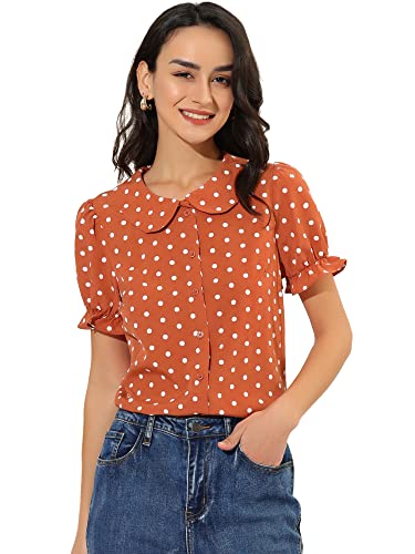 Allegra K Damen Kurzarm Rundhals Puppenkragen Vintage Punkte Puffärmel Shirt Top Bluse Orange Rot L von Allegra K