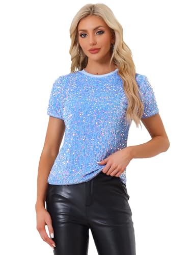 Allegra K Damen Kurzarm Rundhals Samt Party Clubwear Glänzend Pailletten Top Bluse Hell Blau XL von Allegra K