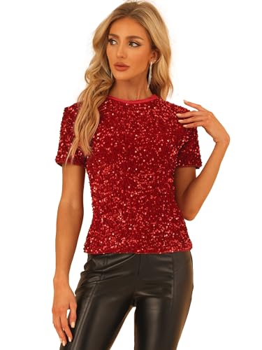 Allegra K Damen Kurzarm Rundhals Samt Party Clubwear Glänzend Pailletten Top Bluse Rot L von Allegra K