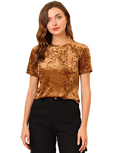 Allegra K Damen Samt T-Shirt Party Velvet Shirt Kurzarm Rundhals Elegant Samt Bluse Oberteil Braun M von Allegra K