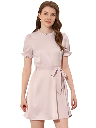 Allegra K Damen Kurzarm Rundhals Stehkragen Bindegürtel Satin Minikleid Kleid Rosa XL von Allegra K