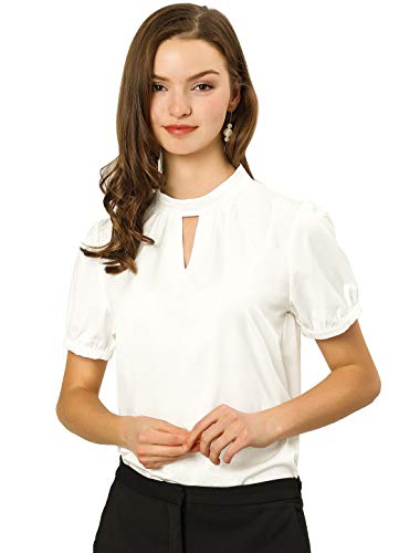 Allegra K Damen Stehkragen Bluse Chiffon Kurzarm Rüschen Büro Elegant Top Weiß XL von Allegra K