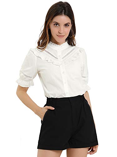 Allegra K Damen Kurzarm Stehkragen Panel Volant Shirt Bluse Weiß S von Allegra K