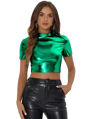 Allegra K Damen Kurzarm Stehkragen Party Club Einfarbig Wetlook Crop Top Grün M von Allegra K