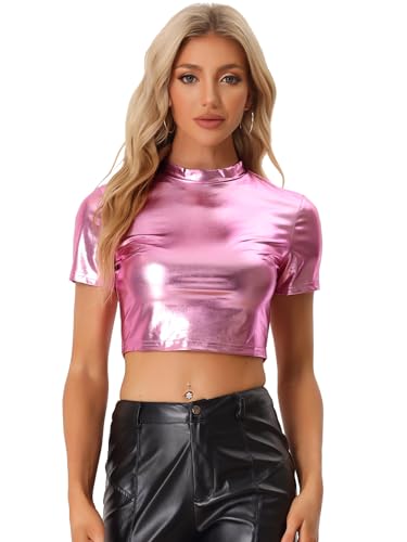 Allegra K Damen Kurzarm Stehkragen Party Club Einfarbig Wetlook Crop Top Rosa M von Allegra K