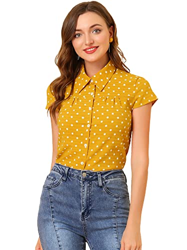 Allegra K Damen Punkte Oberteil Stehkragen Vintage Polka Dots Punkte Kurzarm Shirt Bluse Gelb L von Allegra K