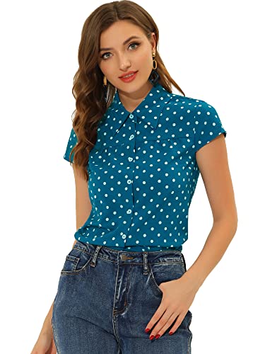 Allegra K Damen Punkte Oberteil Stehkragen Vintage Polka Dots Punkte Kurzarm Shirt Bluse Seeblau M von Allegra K