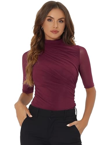 Allegra K Damen Kurzarm T-Shirts Stehkragen Stretch Schmale Passform Durchsichtig Mesh Rüschen Bluse Oberteil Pink S von Allegra K