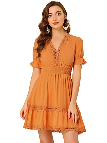 Allegra K Damen Kurzarm V-Ausschnitt Gesmokt Elastisches Taille A-Linie Puffärmel Minikleid Kleid Orange M von Allegra K