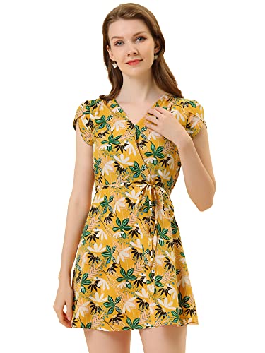 Allegra K Damen Kurzarm V Neck Bindegürtel Blumen Minikleid Kleid Gelb Grün XL von Allegra K